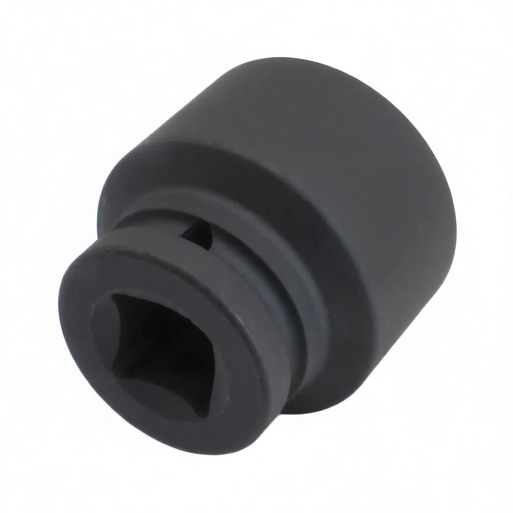 Angled perspective of a short black impact socket showing deep hex cavity, square drive receiver with locking hole, and ASTA branding.