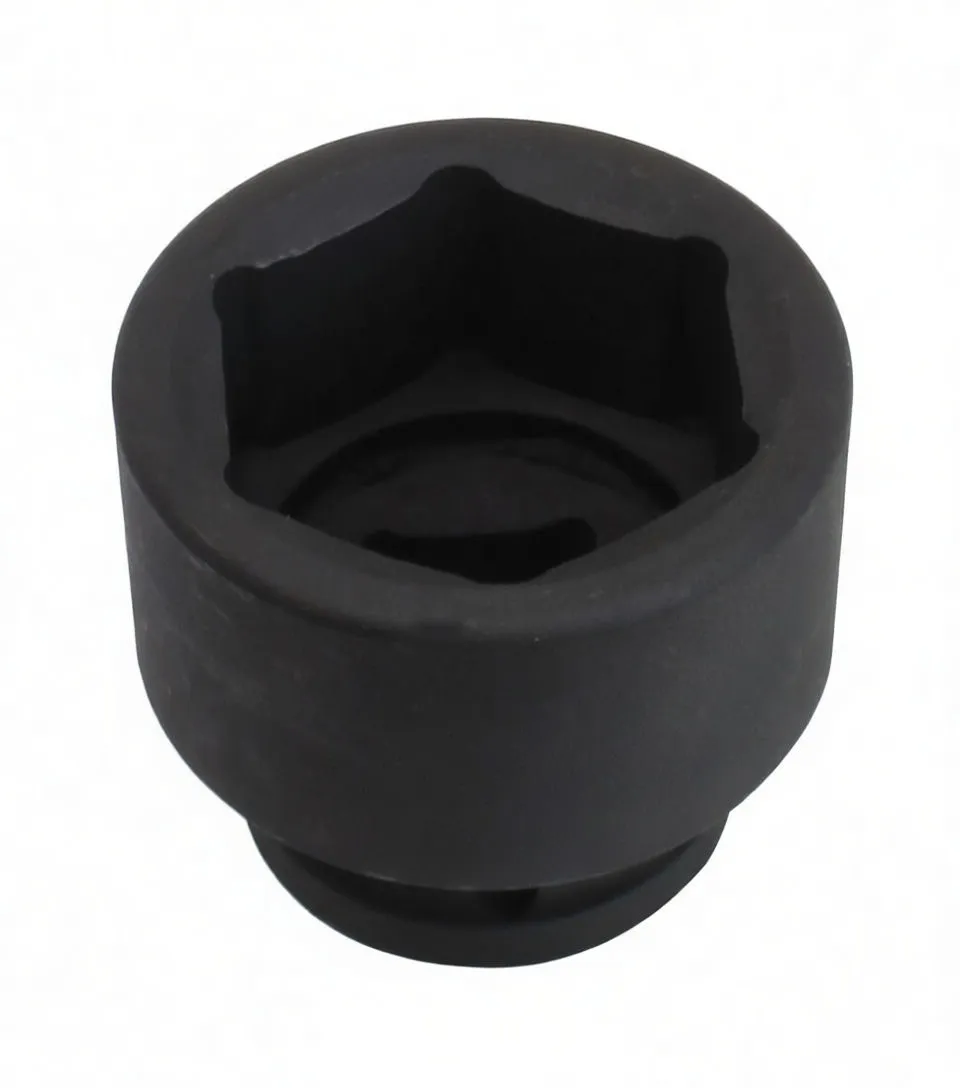 Top view into six-point internal hex of black impact socket with ASTA marking and visible drive end