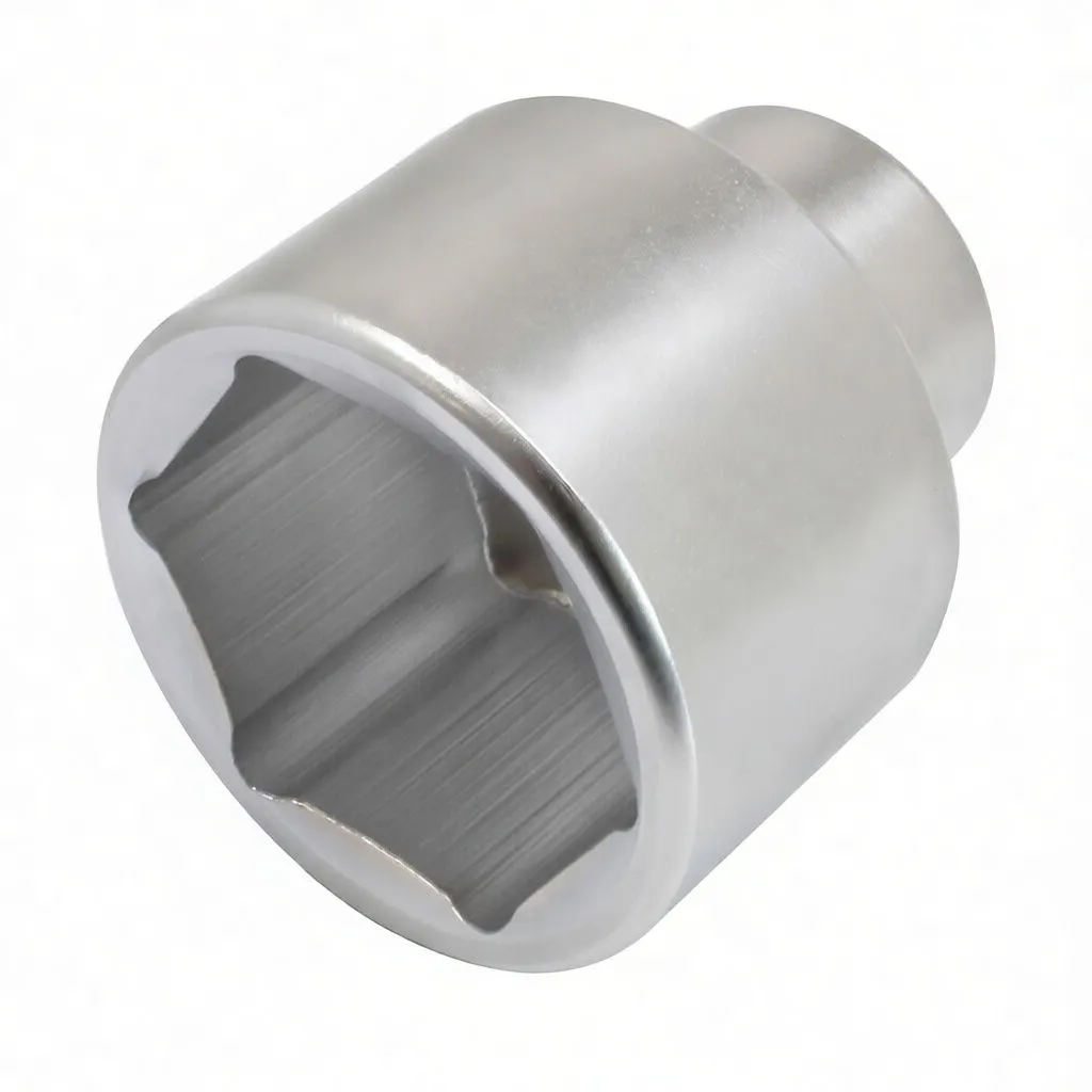 Angled view of chrome six-point socket with visible ASTA marking and stepped drive end