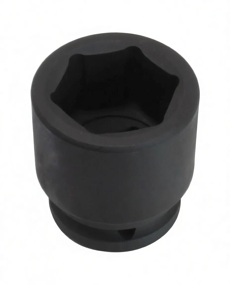 Angled view of black six-point impact socket with ASTA logo and retaining groove