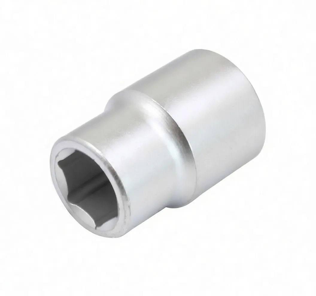 Angled view of chrome 6-point 17mm socket with embossed ASTA logo and stepped body