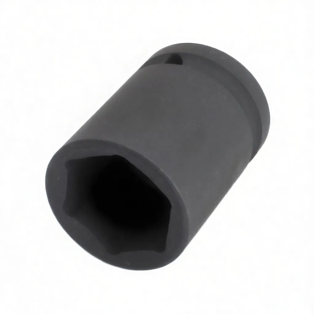 Top view looking into 6-point hex opening of a short black impact socket with ASTA logo and detent hole