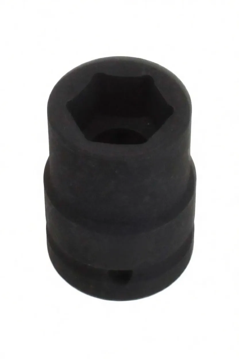 Angled view of a short black 6-point impact socket showing the hex opening, ASTA marking and retention hole