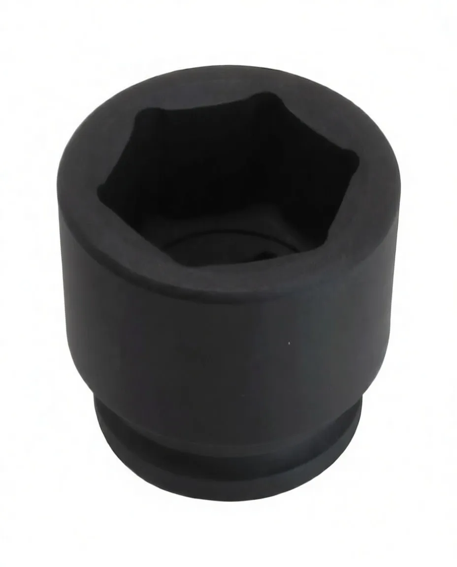 Top view of black 6-point impact socket showing hex interior, ASTA marking and drive retention hole