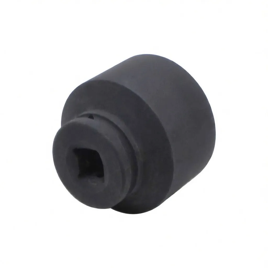 Angled oblique shot of a short black 6-point impact socket showing internal hex, ASTA logo and 'CR-MO 60mm' marking.