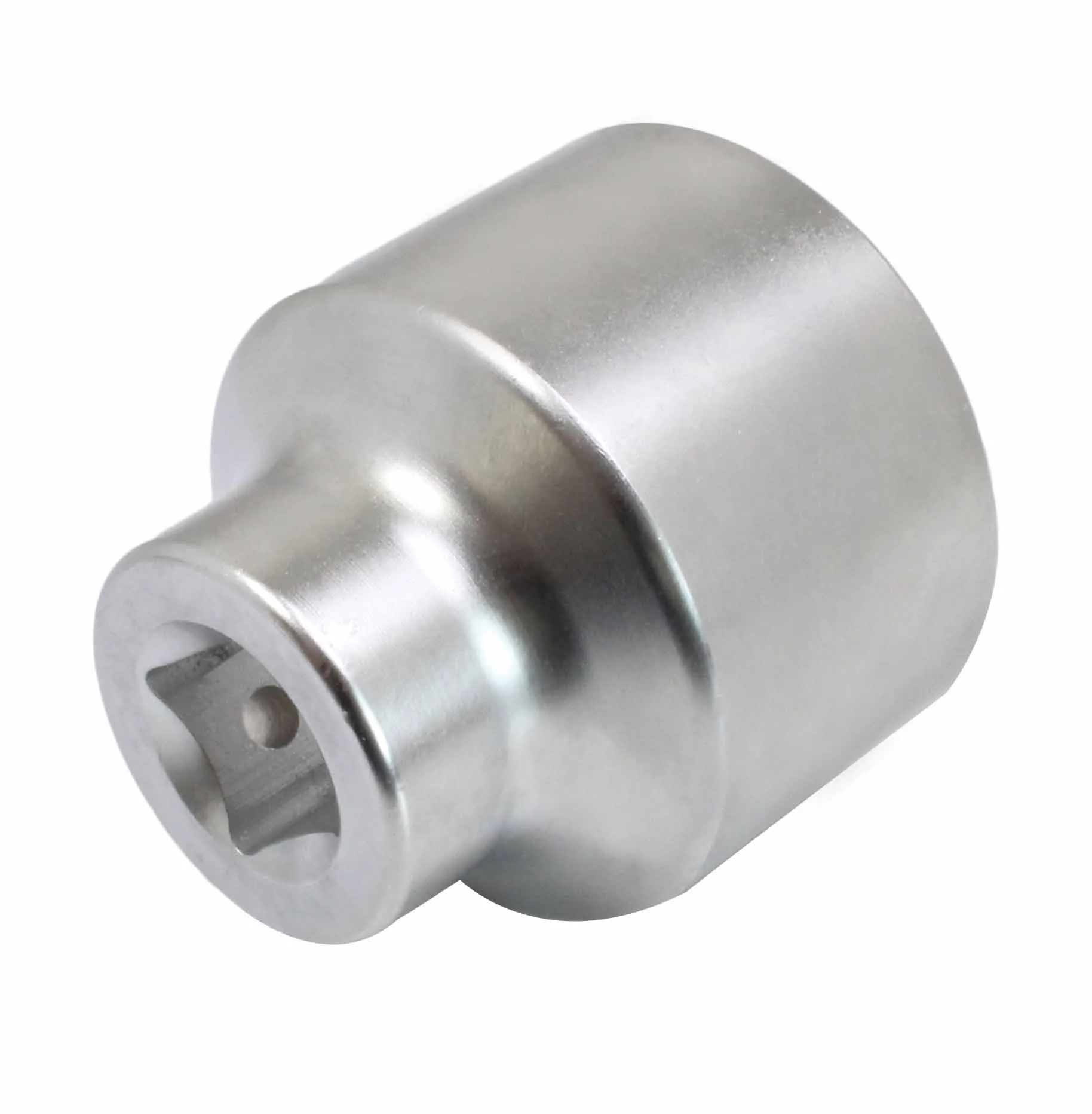 Rear view of socket showing 3/4 inch square drive recess with detent hole and chrome finish