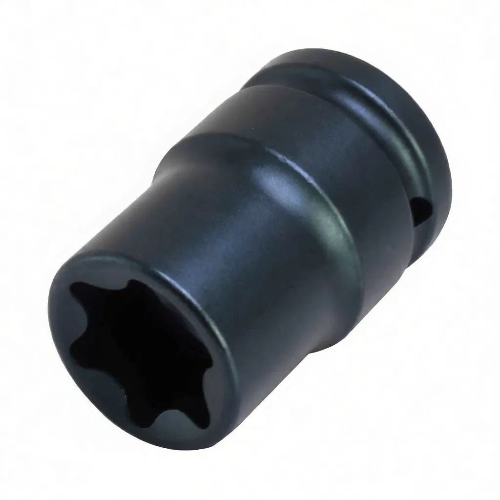 Oblique view of black impact socket with six-lobed end, ASTA MB30/60 text and detent hole