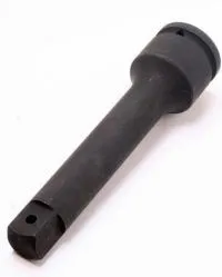 Angle view from male end of extension bar showing pin hole, long cylindrical shaft, and female collar