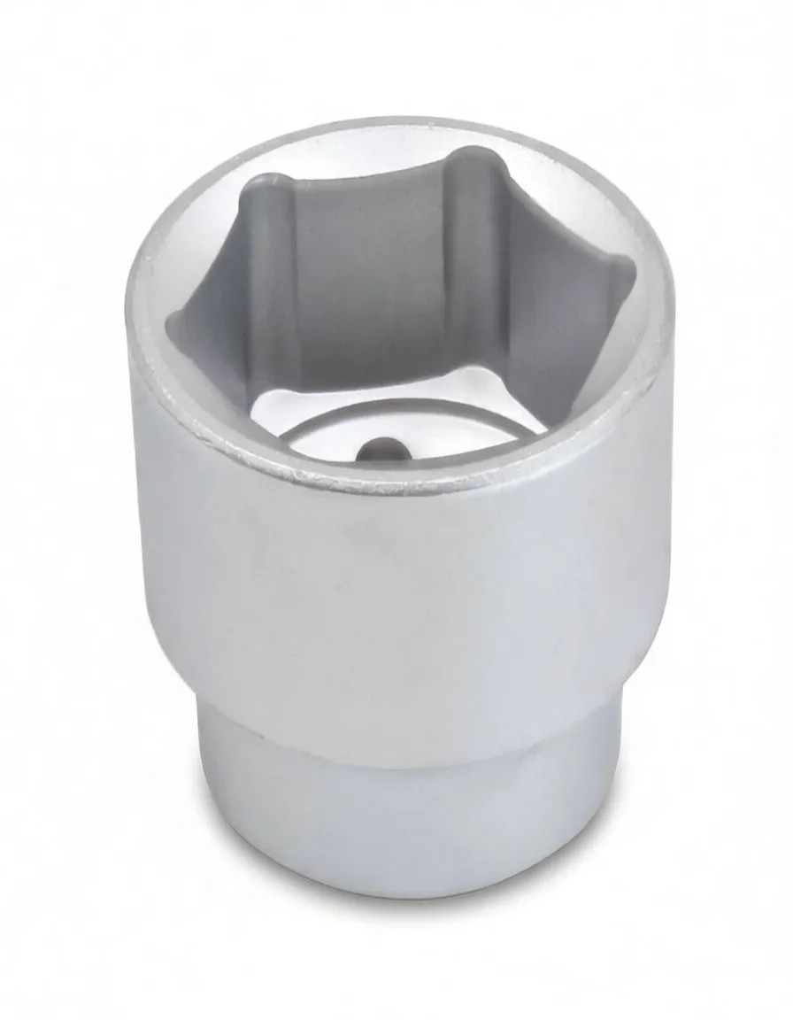 Angled side view of a silver 6-point socket showing internal hex and embossed brand on the side
