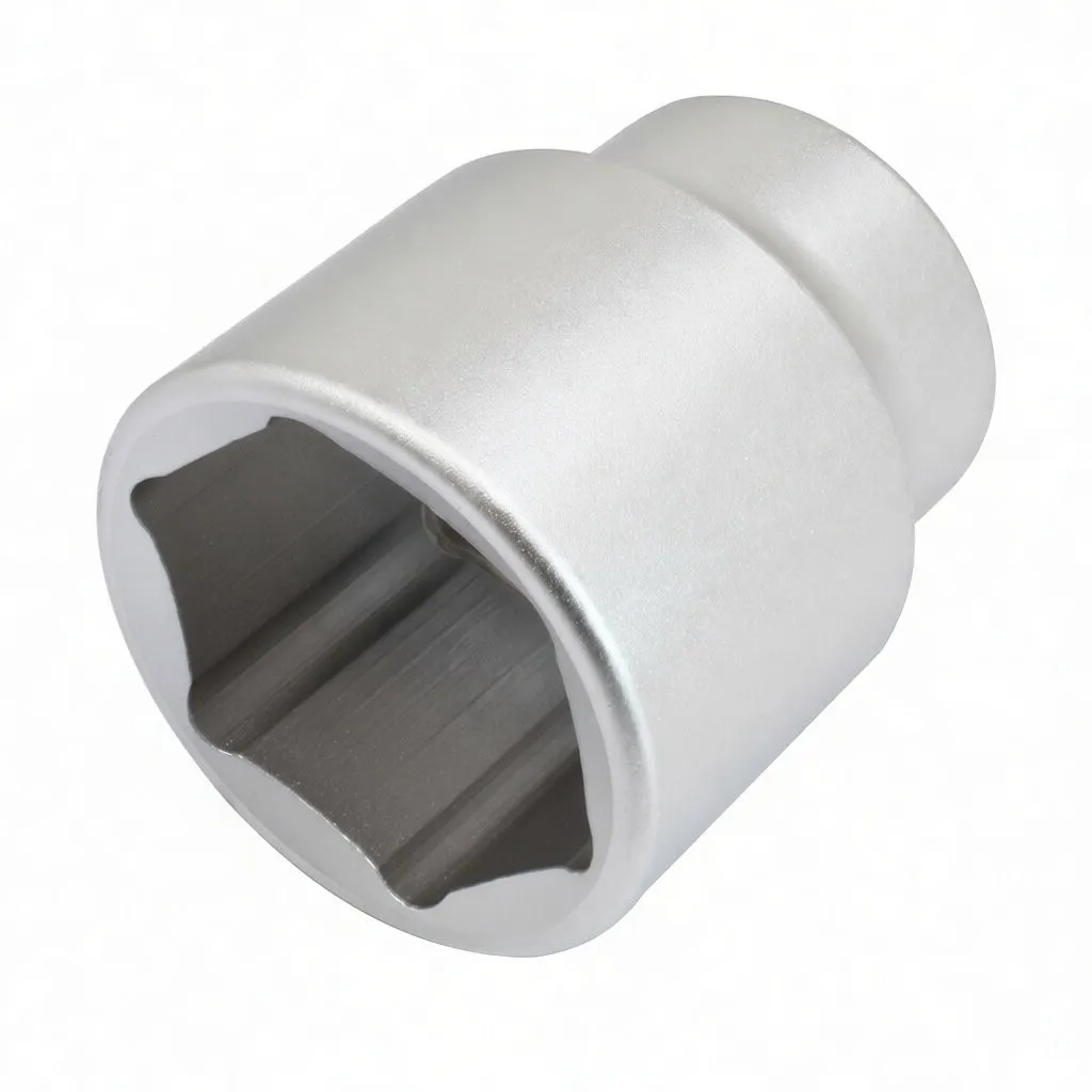 Angled view of the socket showing six-point interior, satin metal finish and embossed brand mark