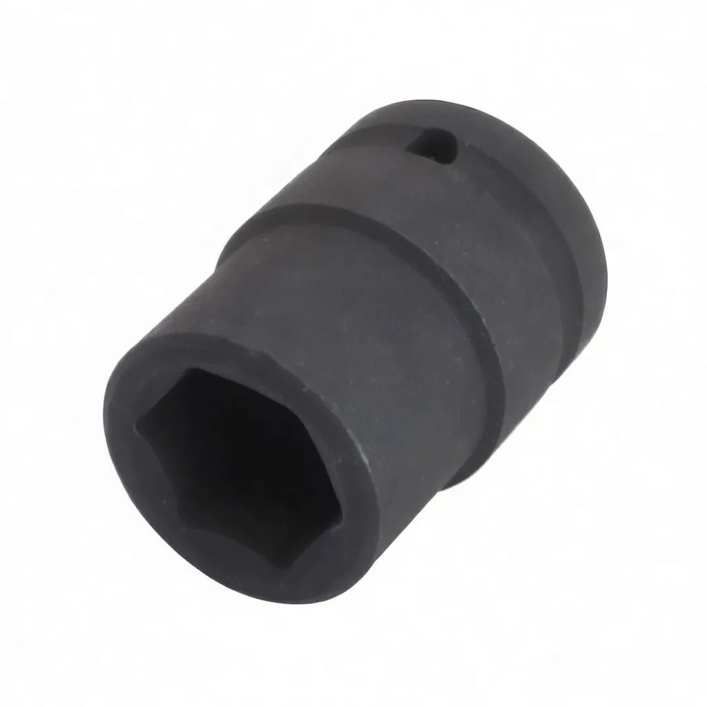 Top-down image of a short black impact socket showing 6-point hex interior, ASTA marking and retention hole.