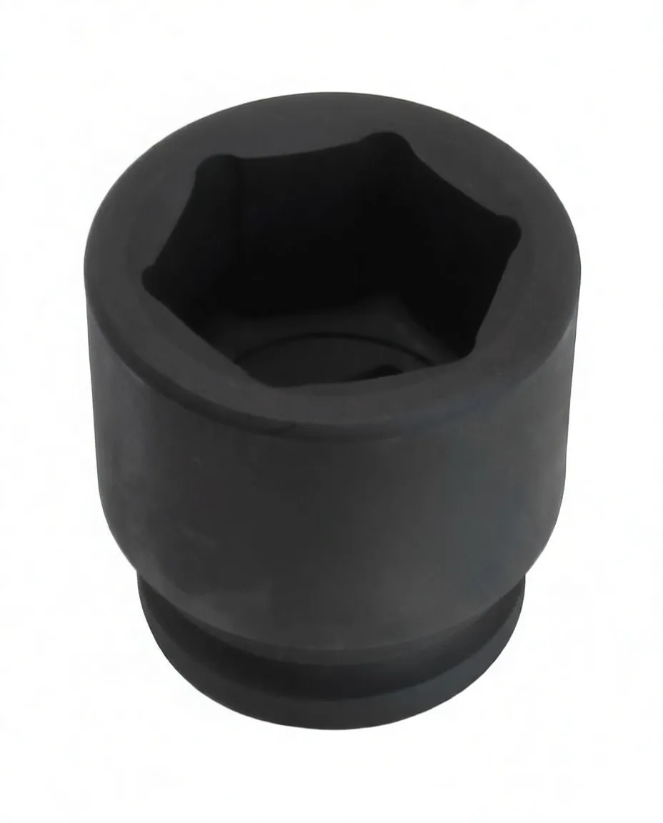 Top view into a black six-point impact socket with ASTA logo on the side and visible square drive cavity below.