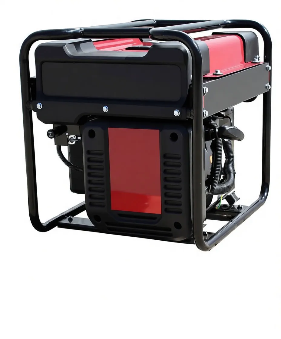 Angled side view of saTra S-THOR351G inverter generator showing engine, branding plate and battery leads