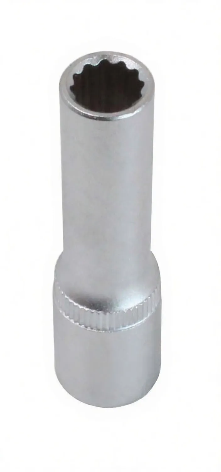 Upright top-down view of a long 12-point socket showing internal profile, knurled collar, and embossed marking.