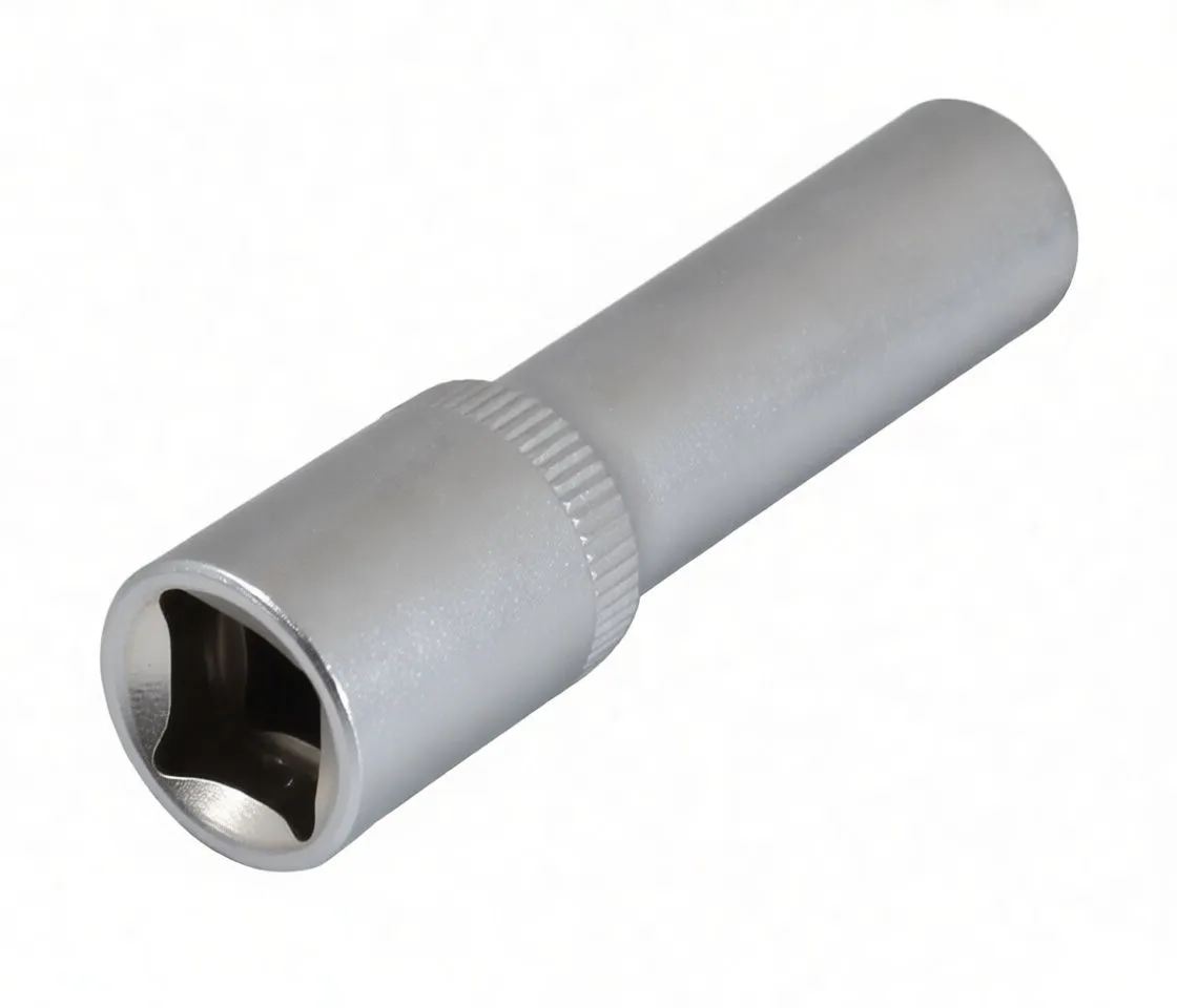 Long socket showing square 3/8-inch drive recess, knurled grip ring, and cylindrical body