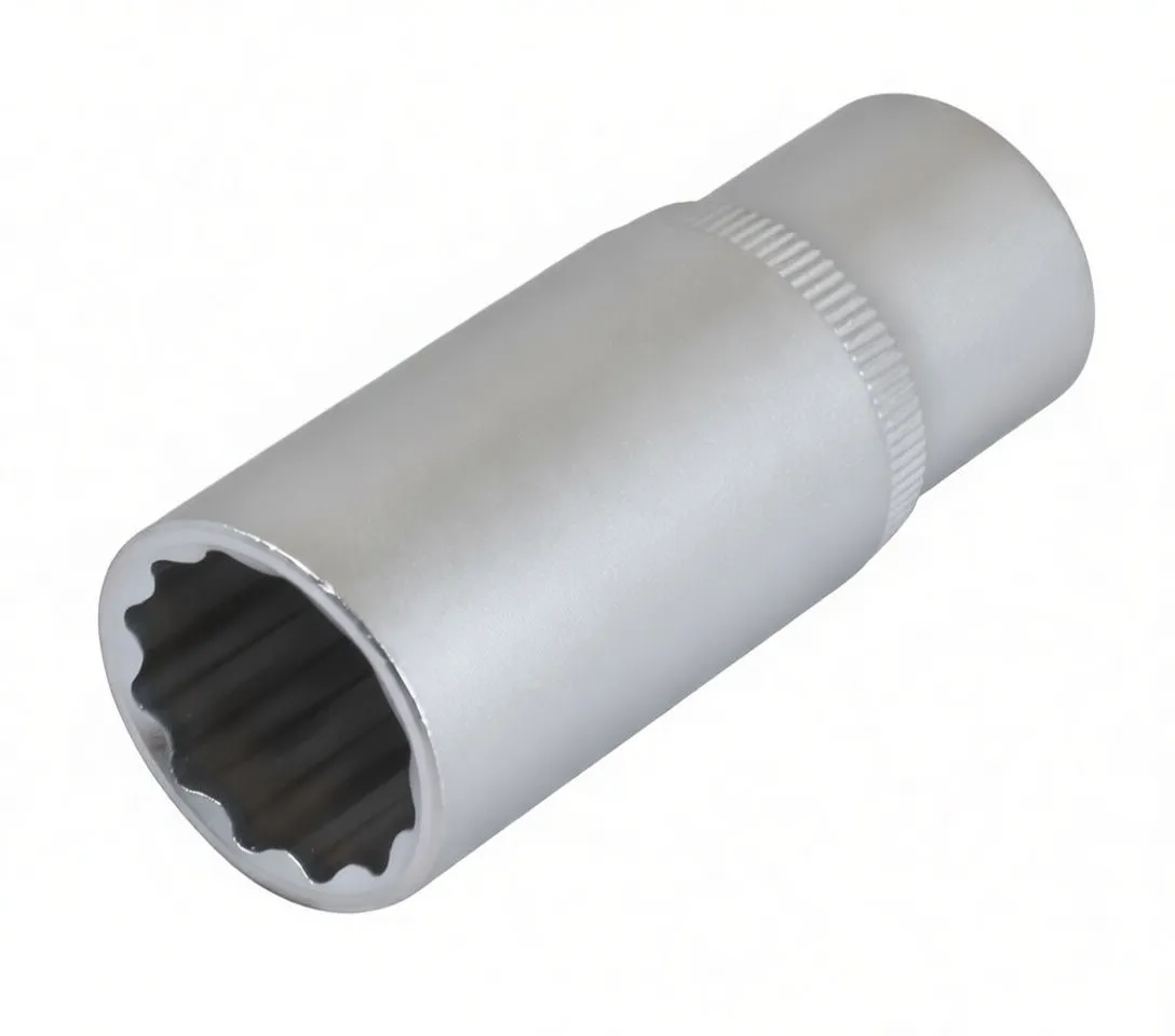 top-down view into a long socket showing 12-point internal profile and knurled grip band