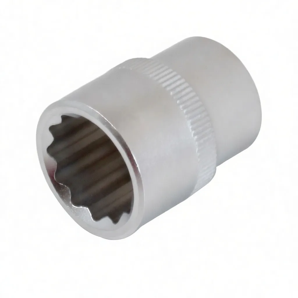 Perspective view into a 12-point socket showing internal splines, knurled band and stamped logo