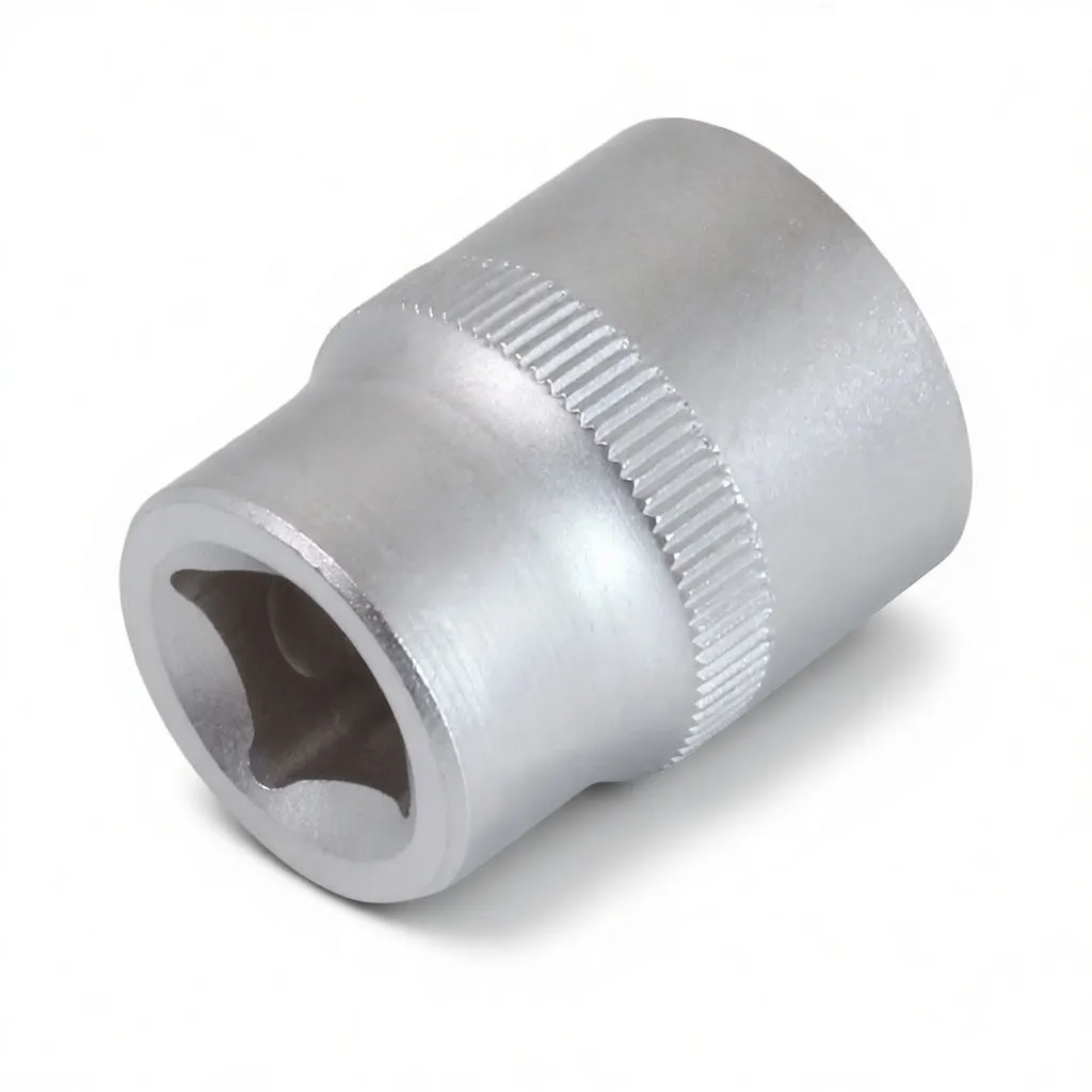 Close angled shot of a short satin chrome socket showing the 12‑point internal splines, knurled band and partial logo.