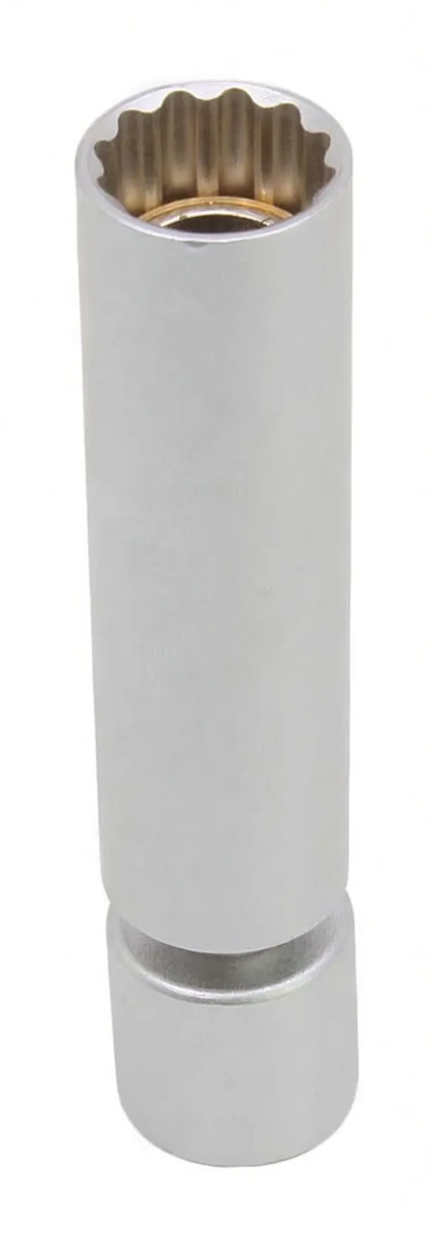 Vertical view of silver 14mm spark plug socket showing 12-point interior and ASTA A-SSP14 marking
