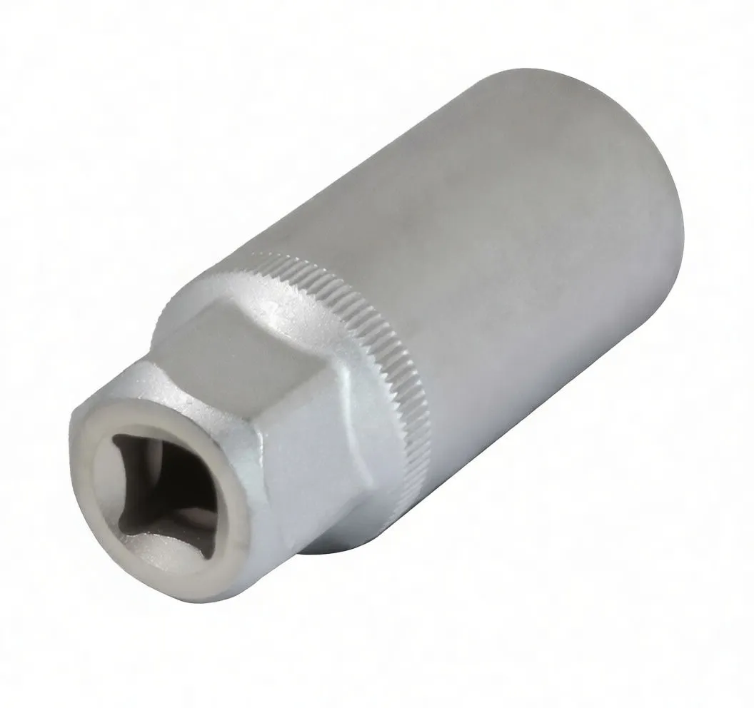 side view of silver deep-well spark plug socket with brass-colored inner collar and six-point interior