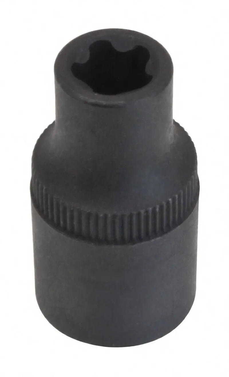 Angled side view of black impact 5-point socket showing internal star profile, square drive recess, knurling and ASTA EPR10 CR-V markings