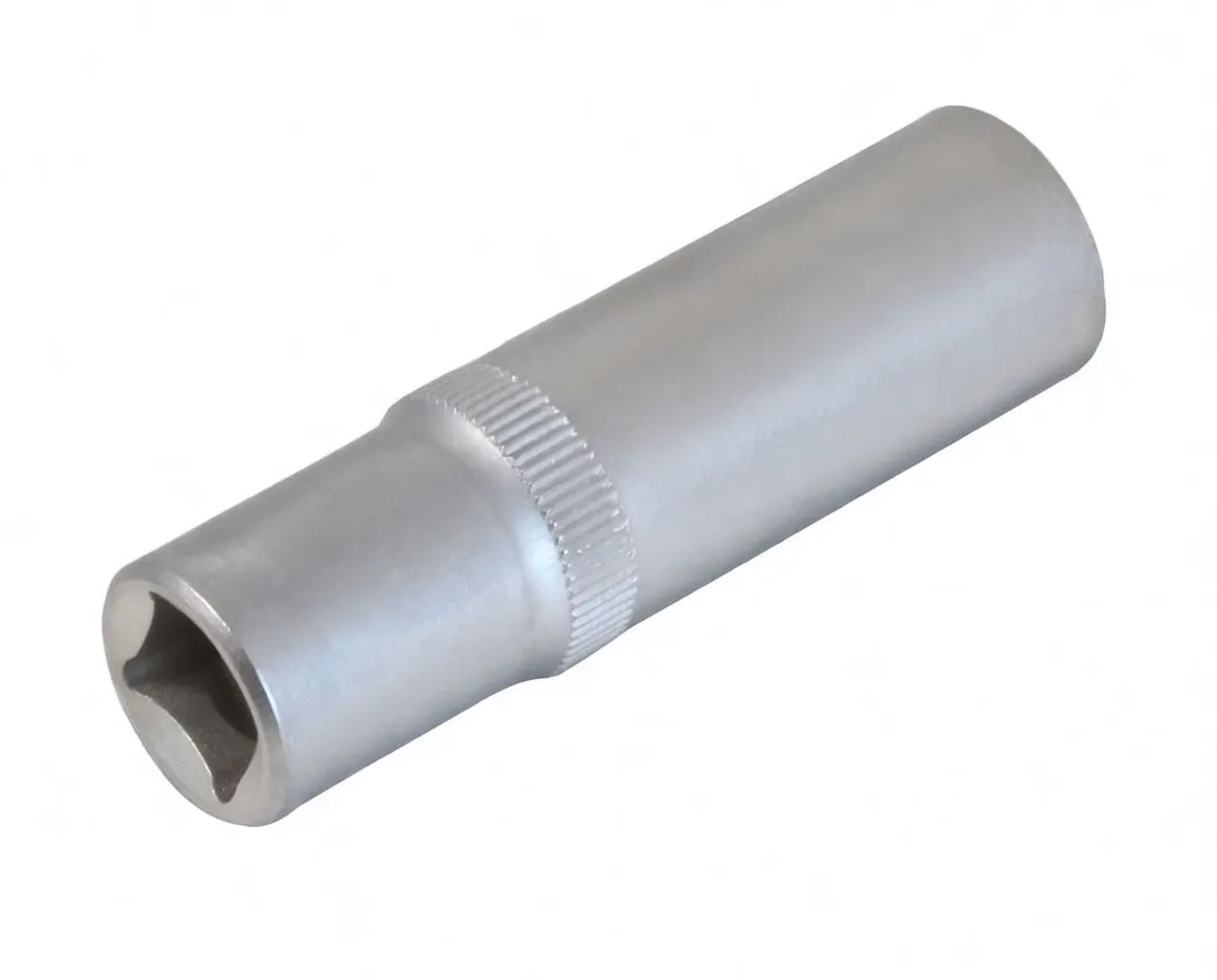 Oblique view of a long cylindrical 6-point socket showing hex recess, knurled band and logo