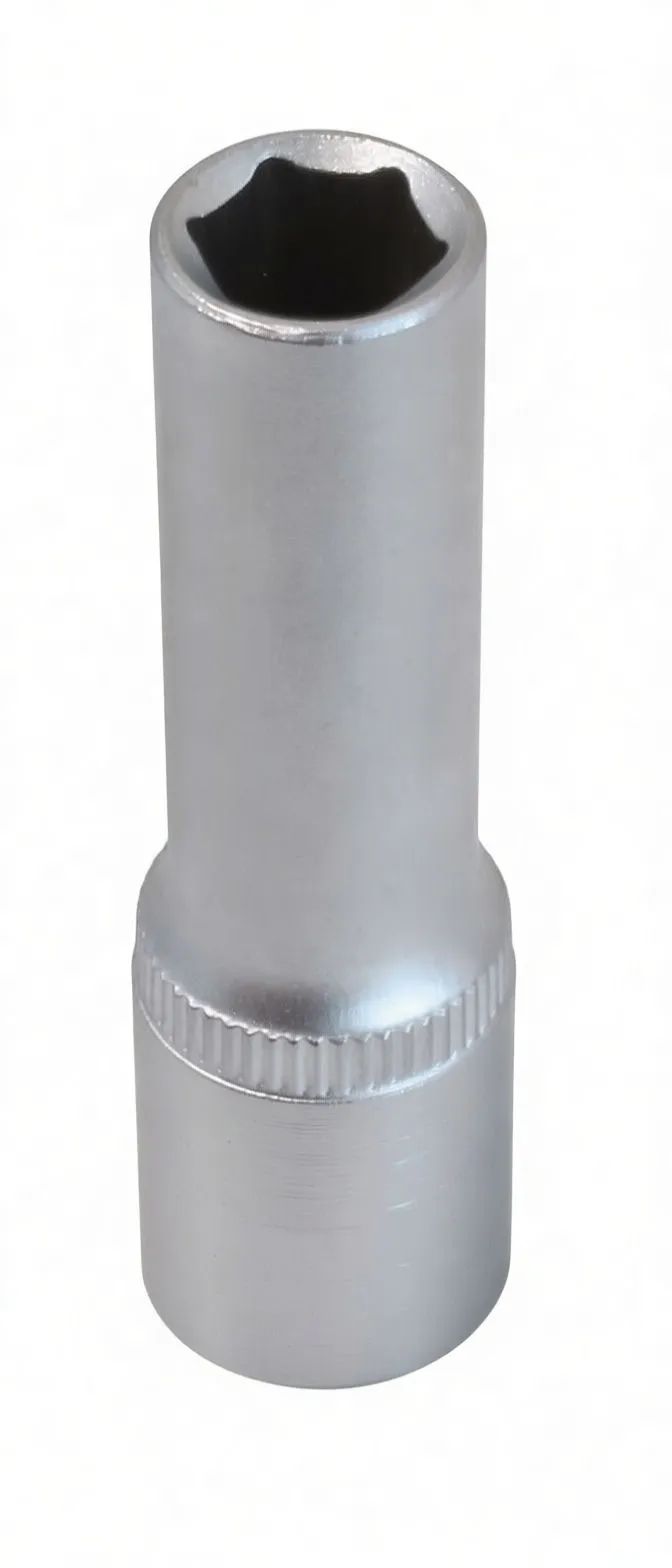 Front view of a long 6-point socket showing hex recess, knurled band and embossed brand