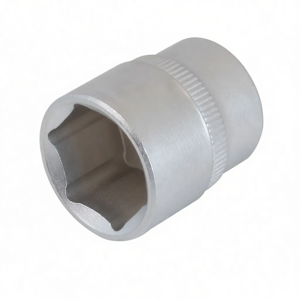 Perspective view of short socket showing square drive recess, knurled band and embossed brand text