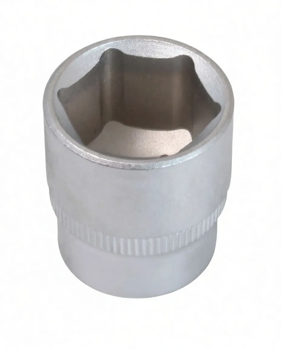 Top view into a six-point short socket showing internal hex profile, knurled band and embossed logo on the side.