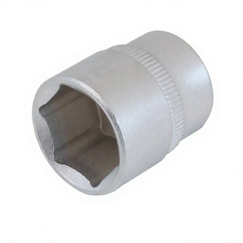 Top-down view into a short 6-point socket showing the internal hex profile and exterior knurled band.