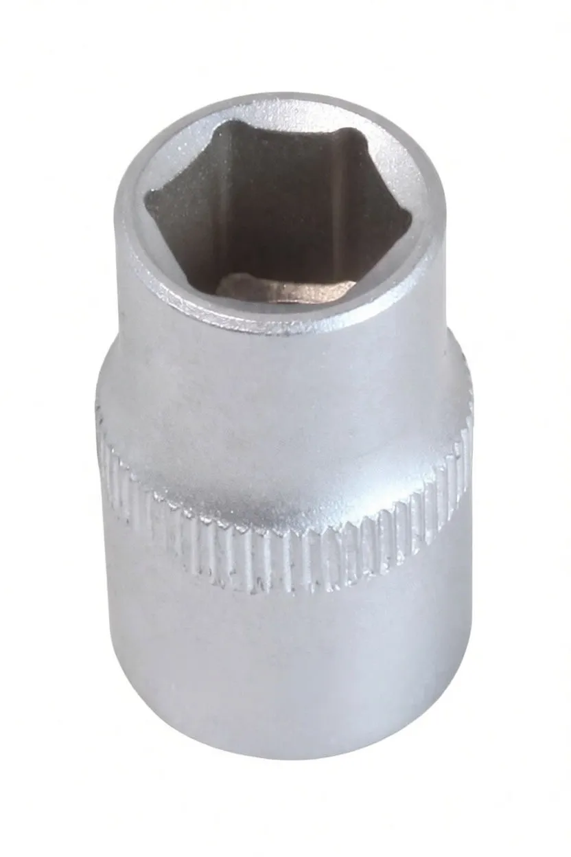 Top view into 6-point hex recess of short socket showing knurled mid band and stamped logo