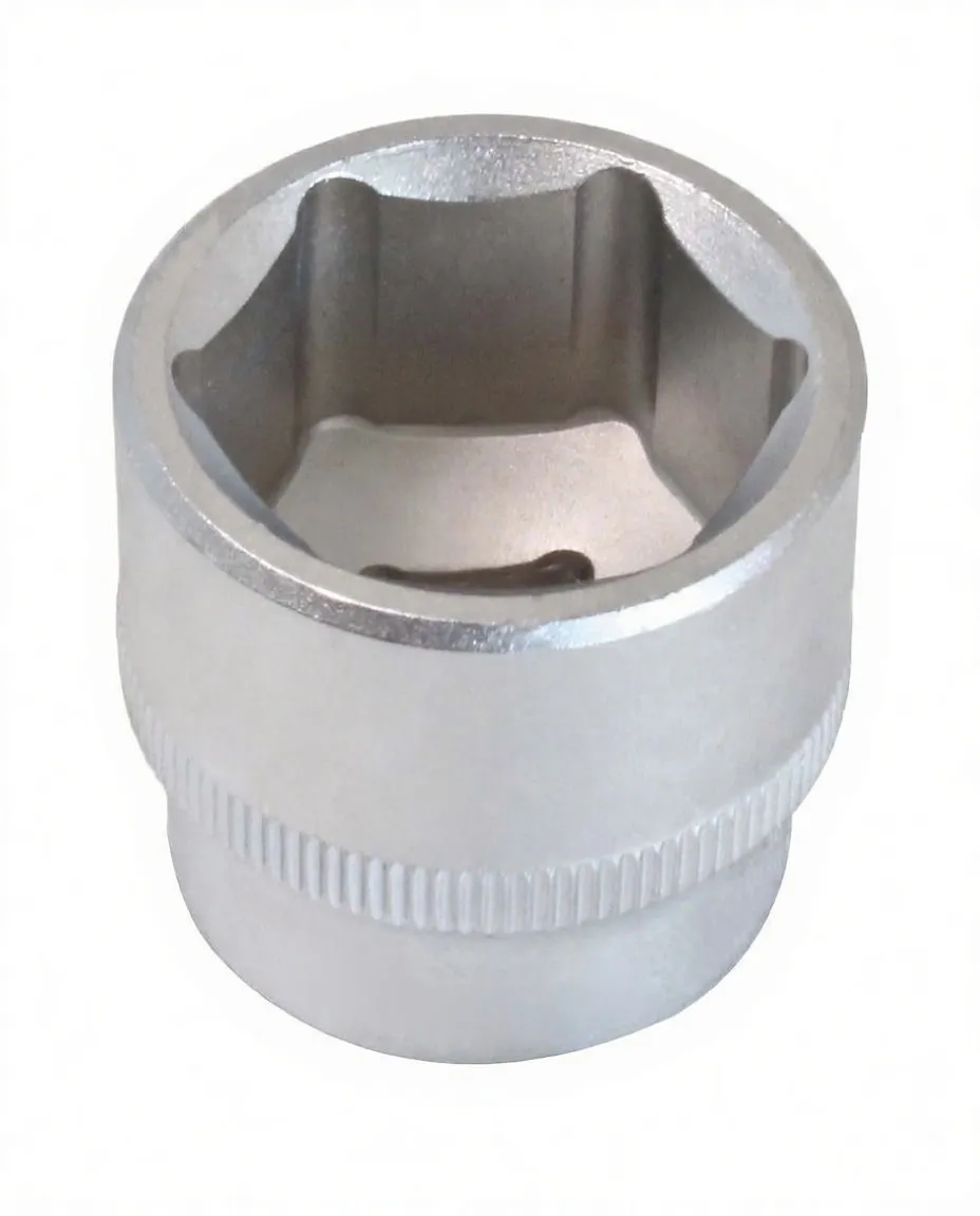 Rear view of short socket showing square 3/8" drive recess, knurling, and brand embossing