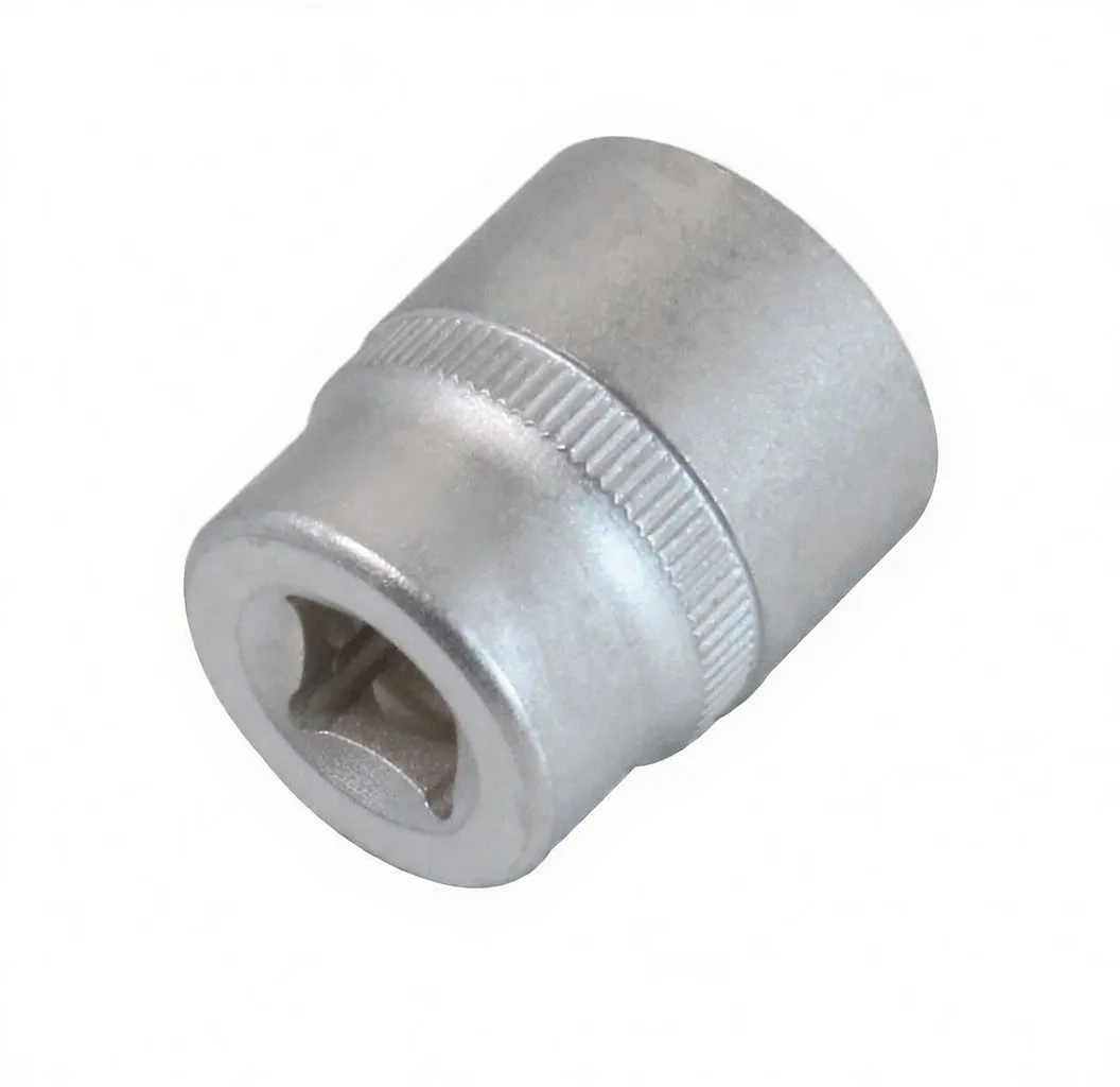 Top view into the open end of a silver 6-point short socket showing the internal six-point profile and knurled band.