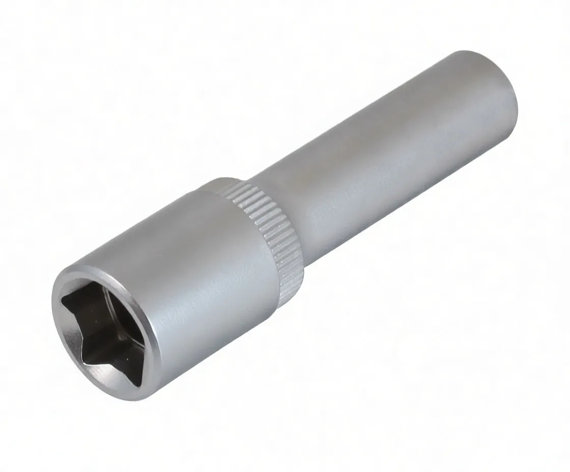 Perspective view of a long shank E-type socket showing lobed opening, knurled collar, and logo