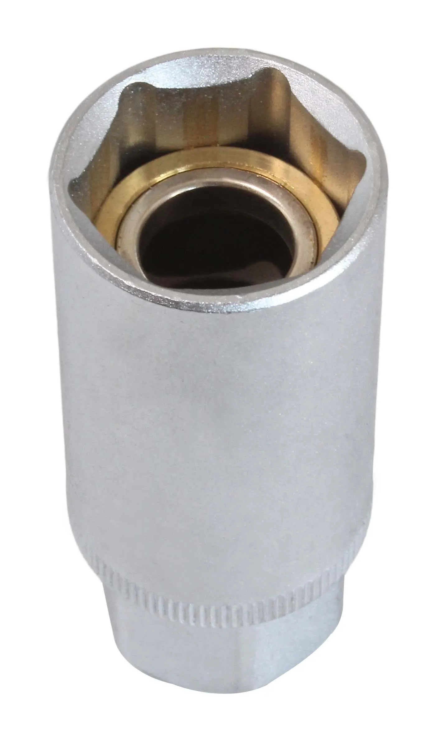 Top view into socket showing 6-point profile and brass-colored insert