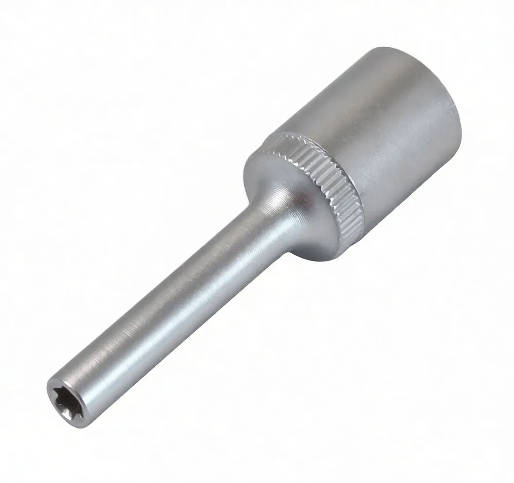 Vertical view of socket standing on head with long shank, star recess tip, knurled collar and logo