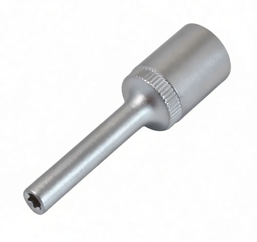 Three-quarter view of socket showing square drive recess, knurled band, long shank and embossed logo