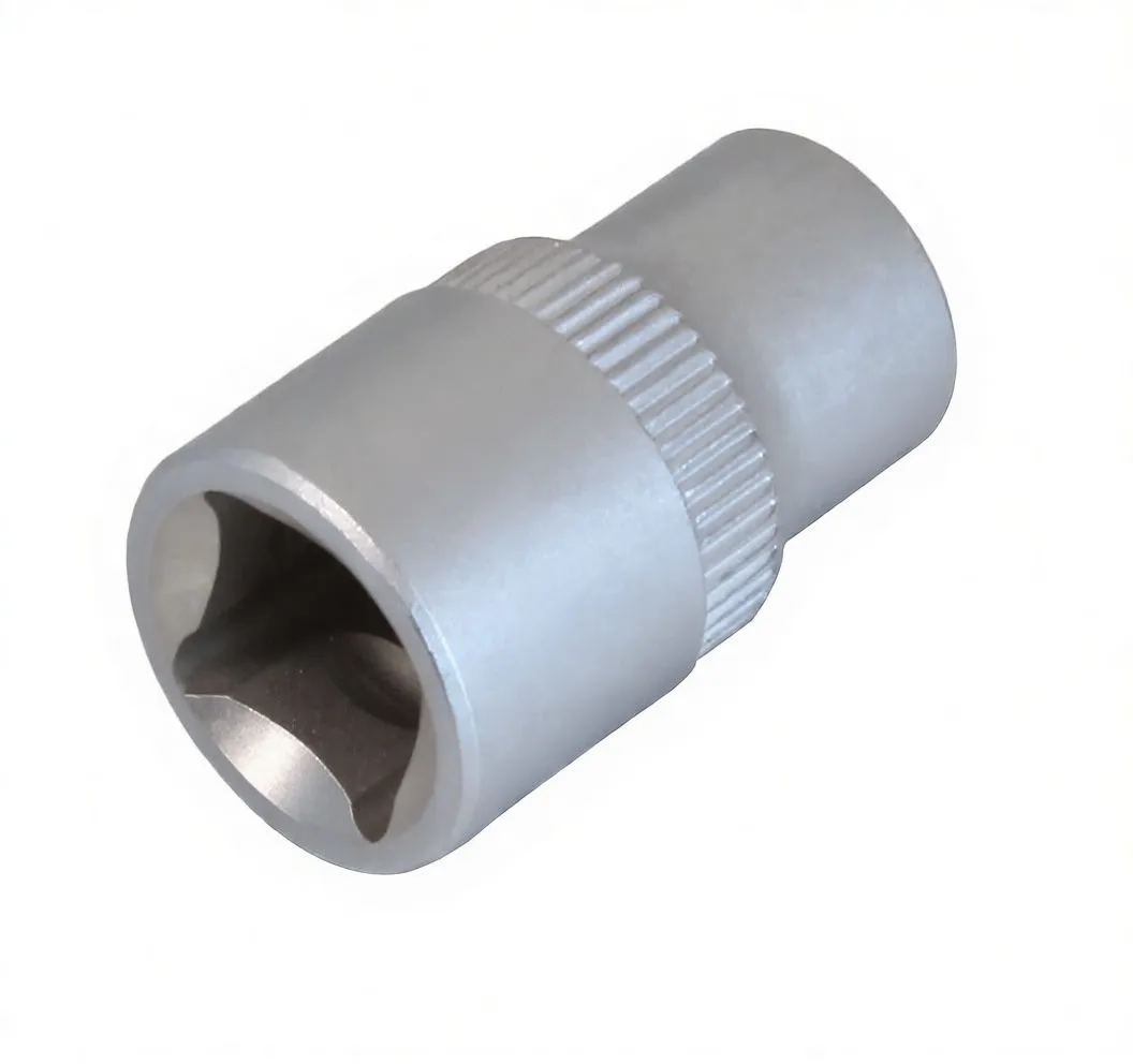 Low-angle view of a short E-type socket showing six-lobed internal profile, knurled middle band and side logo