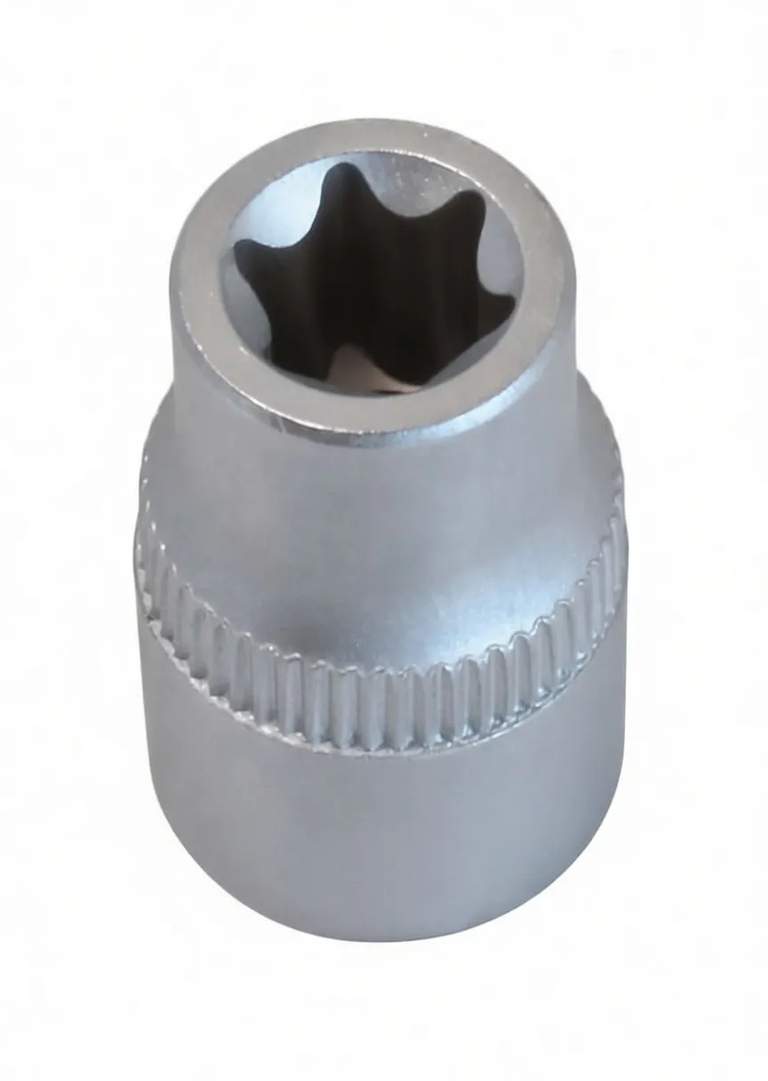 angled top view of short E-type socket showing lobed interior, knurled band and embossed brand marking