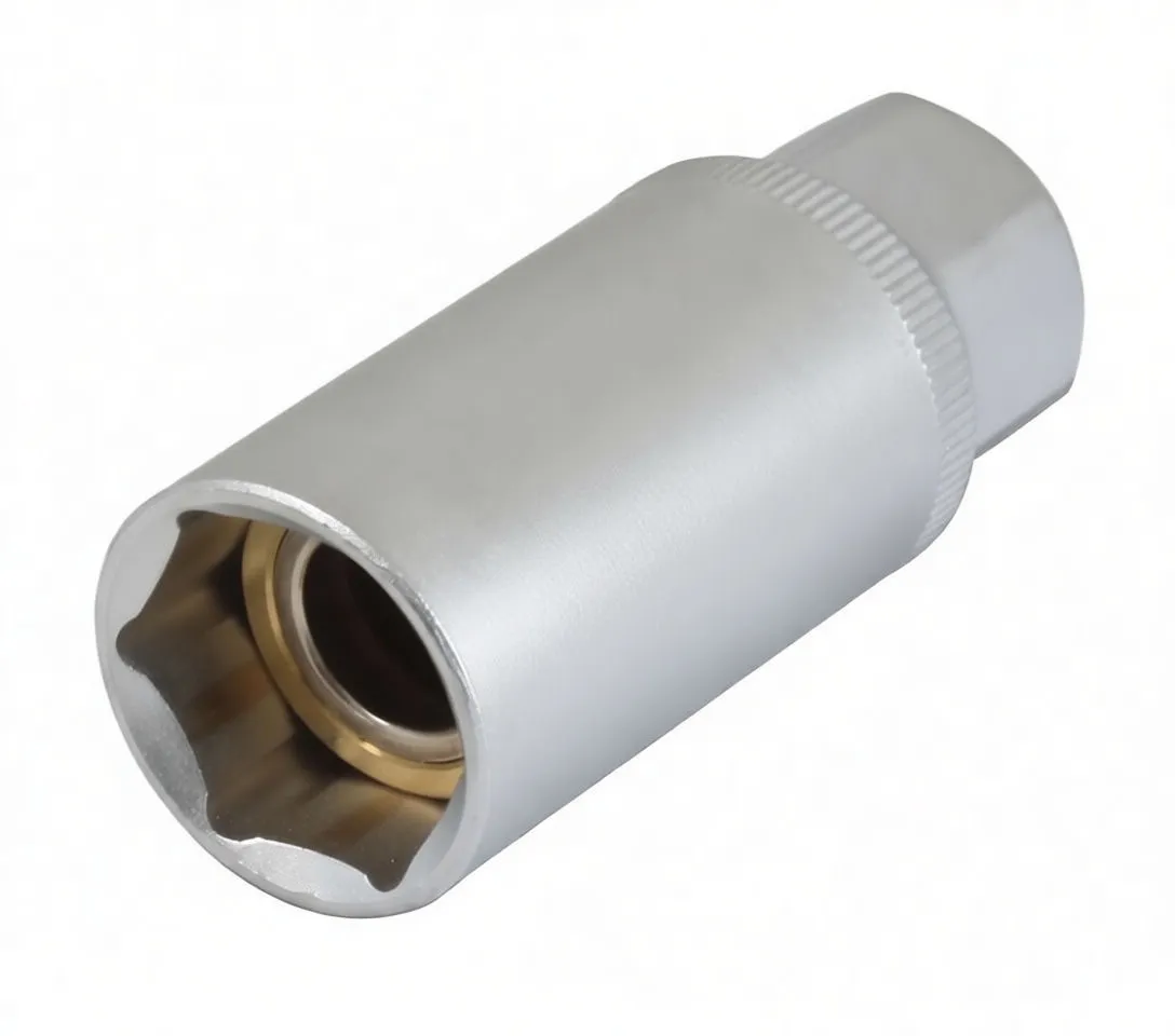 Three-quarter view of socket showing 6-point interior and brass-colored inner ring