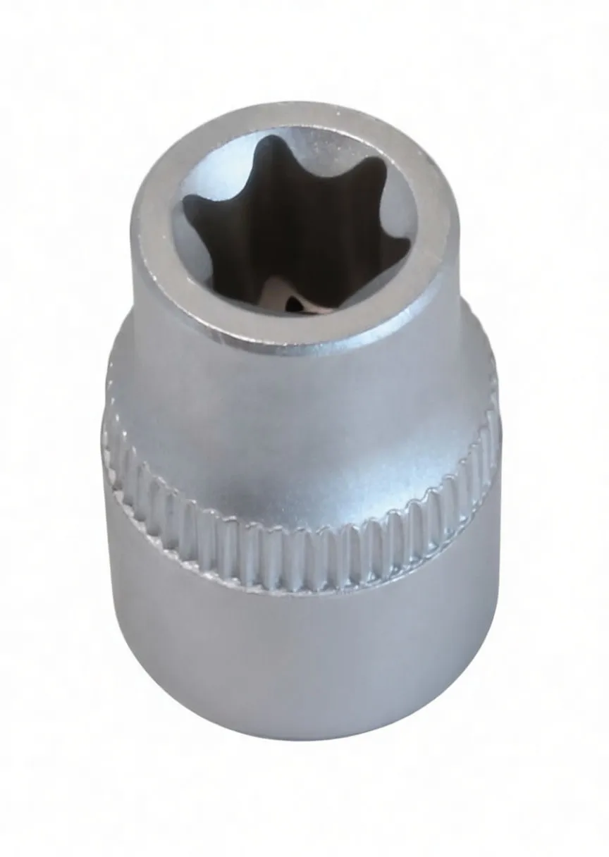 top-down view into E-type socket showing lobed internal profile, knurled band and embossed logo