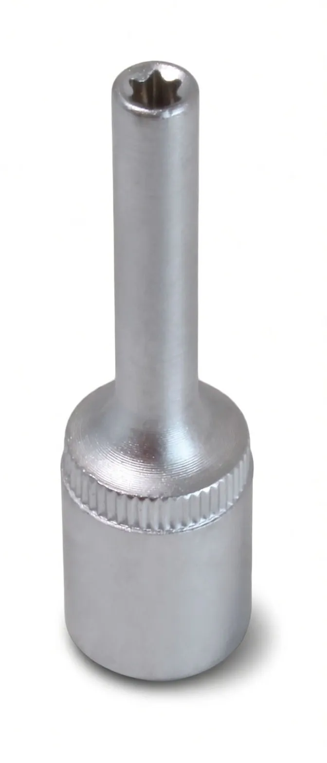 Top-down portrait of short hand socket showing 6-lobed E-type recess at shaft tip, knurled collar and embossed marking on cylindrical socket head.