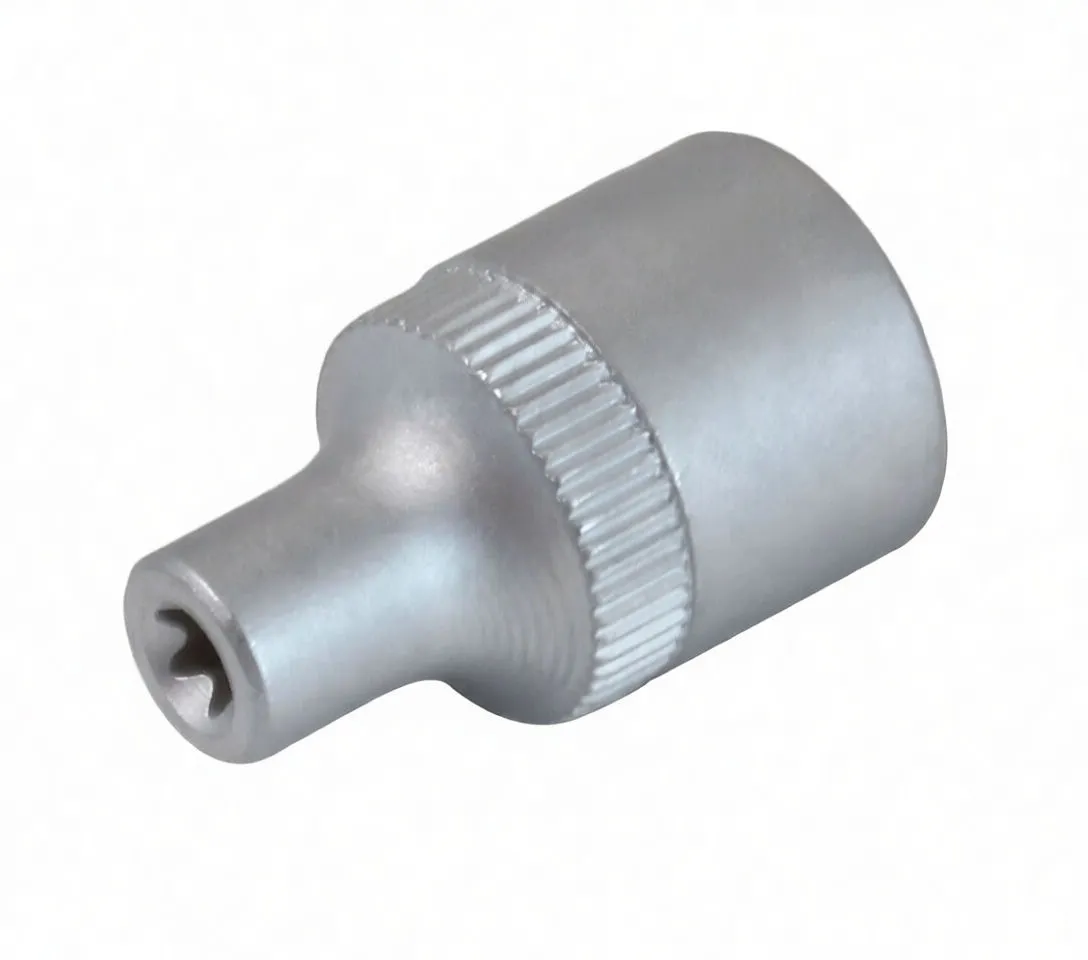 Top view of short E-type Torx socket showing six-lobed recess, knurled grip and side logo