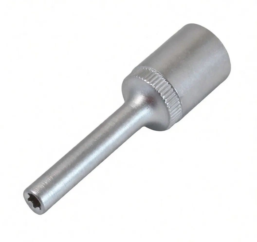 Top-down view of the socket showing star-shaped E-type tip, long shaft and cylindrical head with knurled band and logo.