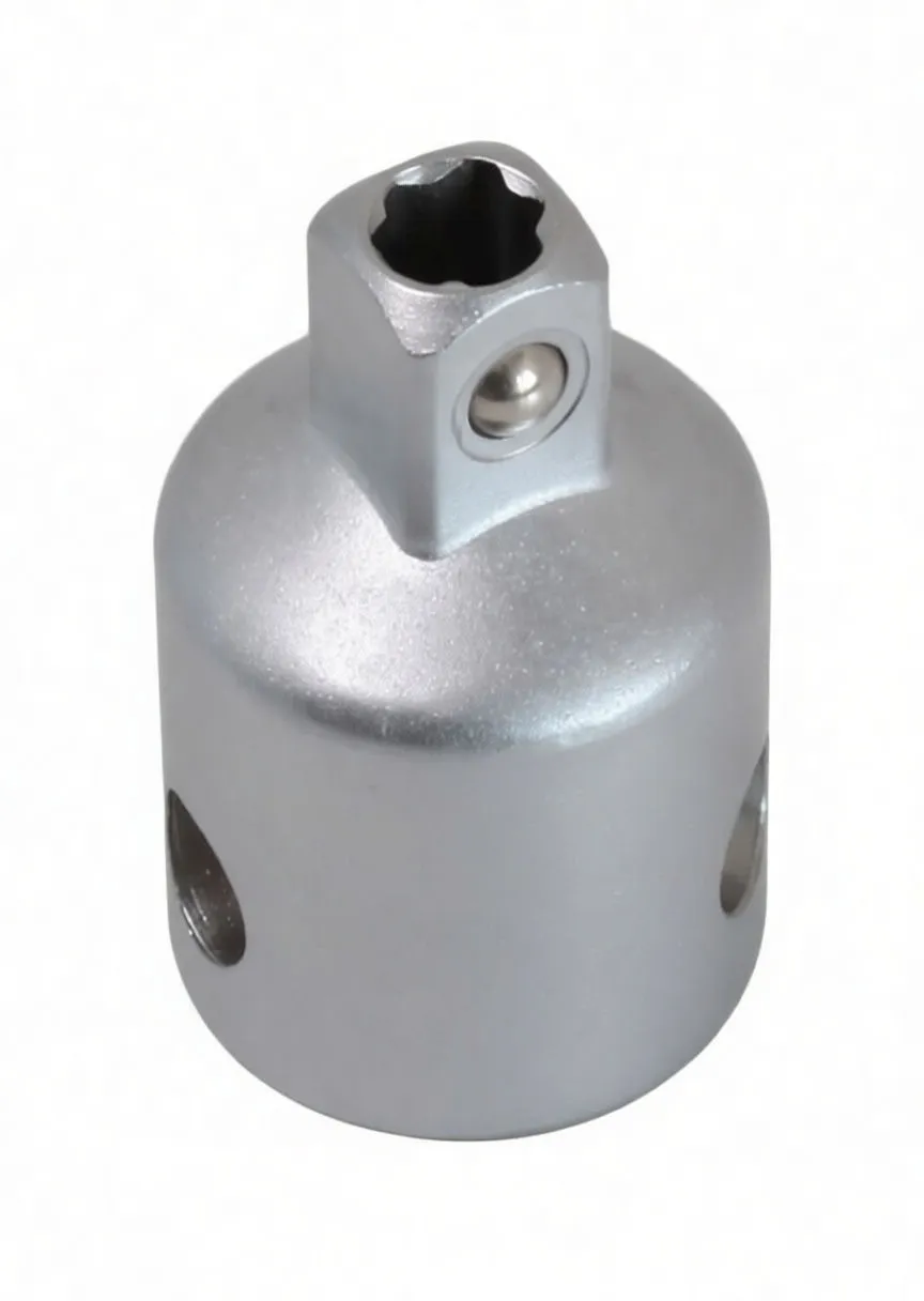 Upright view of silver adapter showing male square drive with detent ball, side hole and embossed logo on cylindrical body