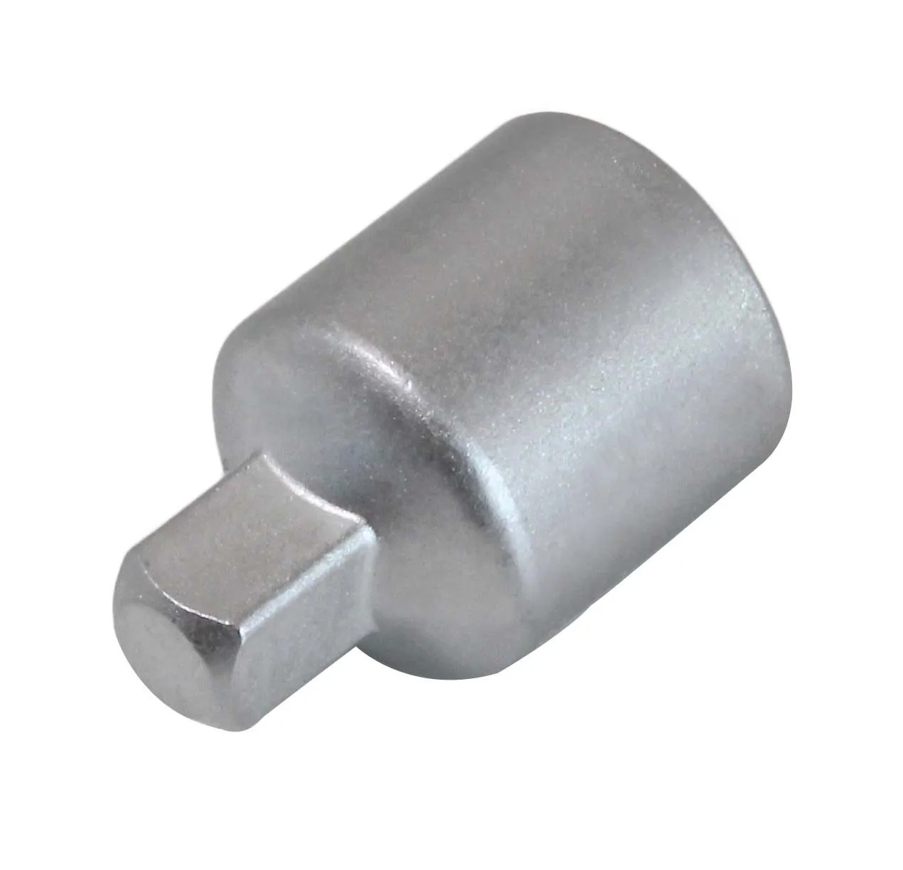 Rear-side view of chrome-plated drive adapter showing 1/4" male square drive and smooth cylindrical body