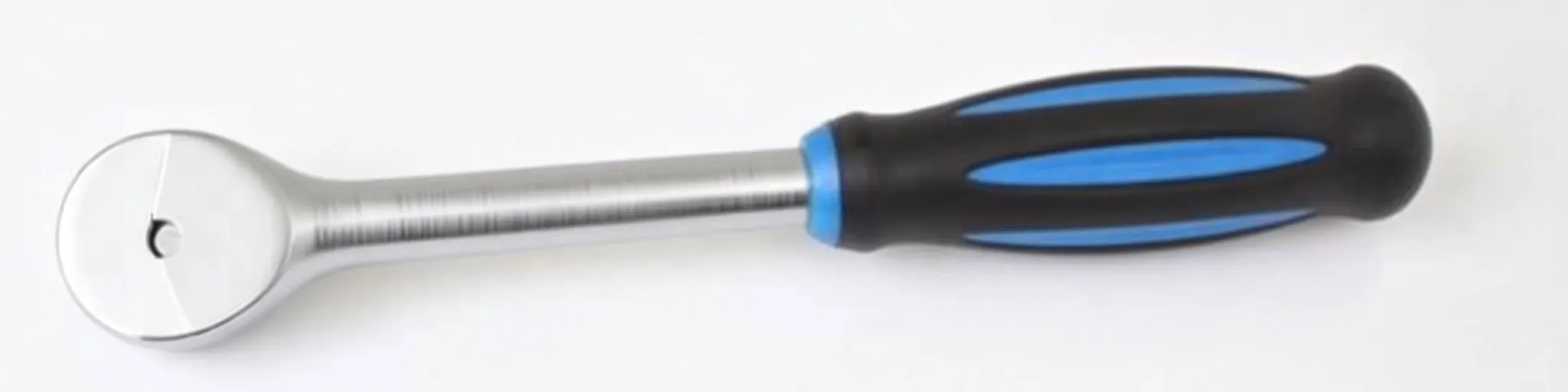 Full-length horizontal image of 3/8" round head ratchet with black and blue handle