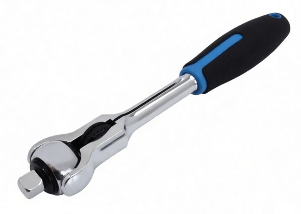 Full-length angled image of a 3/8-inch swing T roto-lock ratchet showing swivel head, drive square and full grip