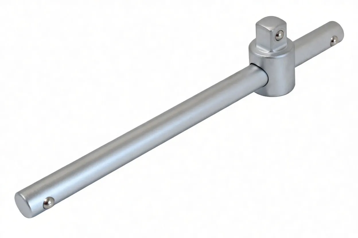 Oblique view of silver swivel handle showing square drive, rotating collar and ball detents