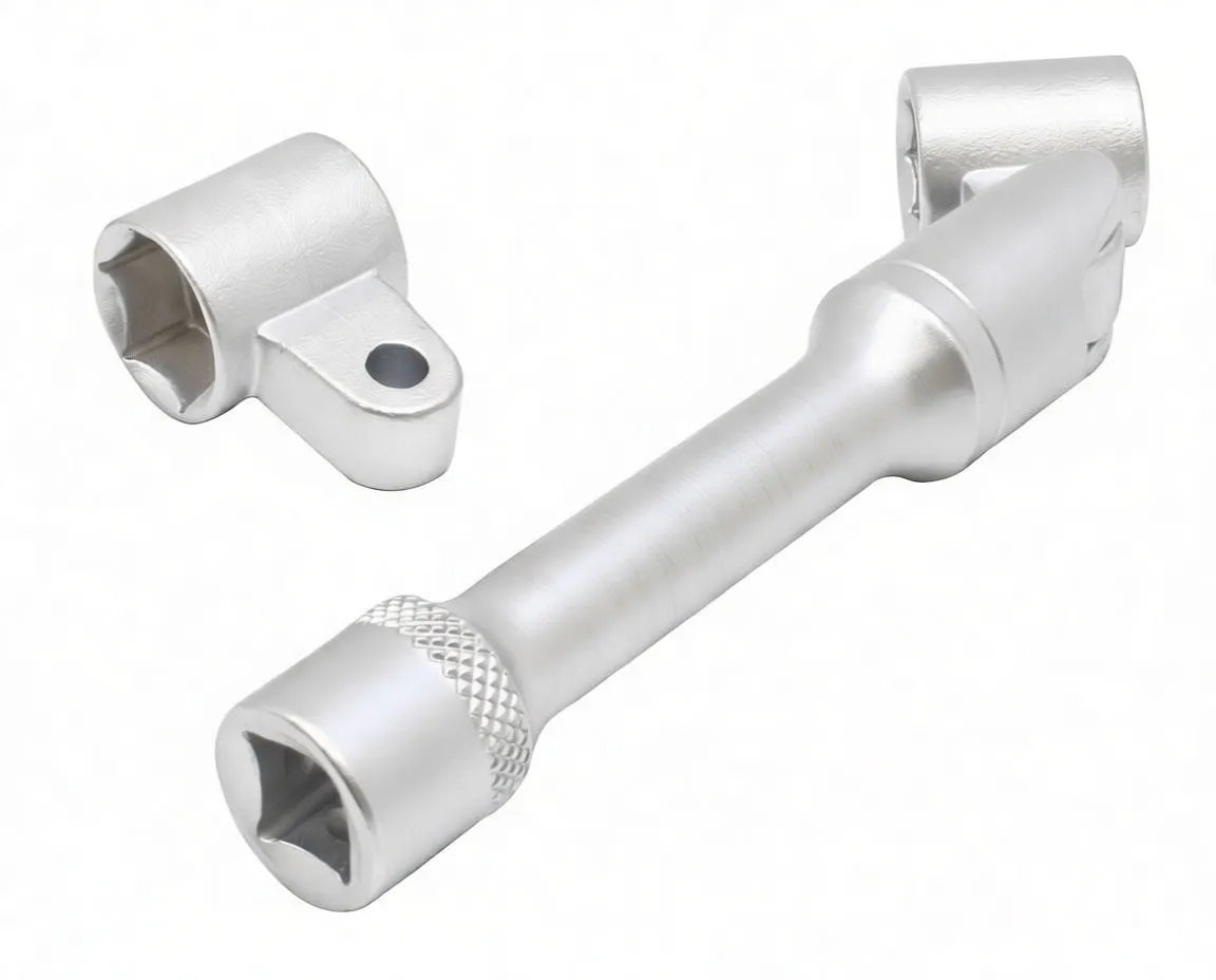 Tool assembled with socket marked 13 on swivel joint and spare socket beside it, showing 6-point hex and lug hole